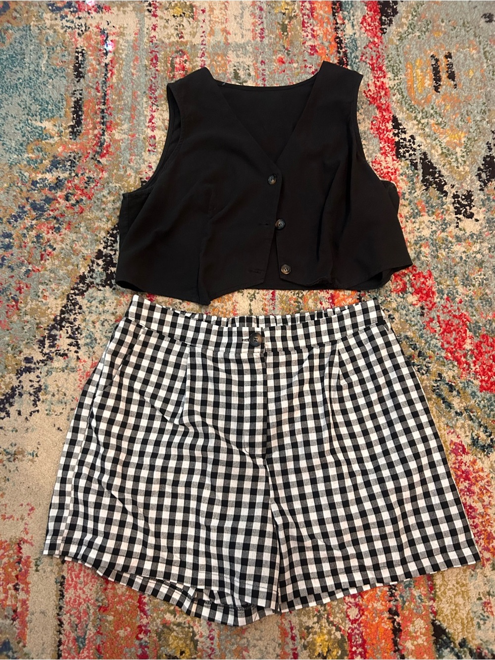 SHEIN Black Cropped Button Vest with Gingham Shorts